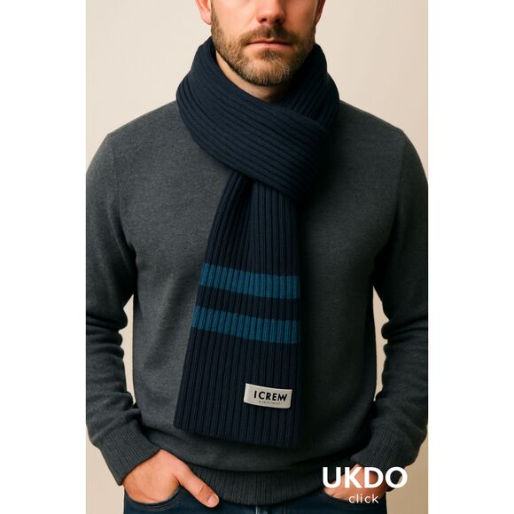 J.Crew  Ribbed Knit Long Scarf Unisex Luxury Wool Blend Navy Blue Stripe 86" - Picture 7 of 13